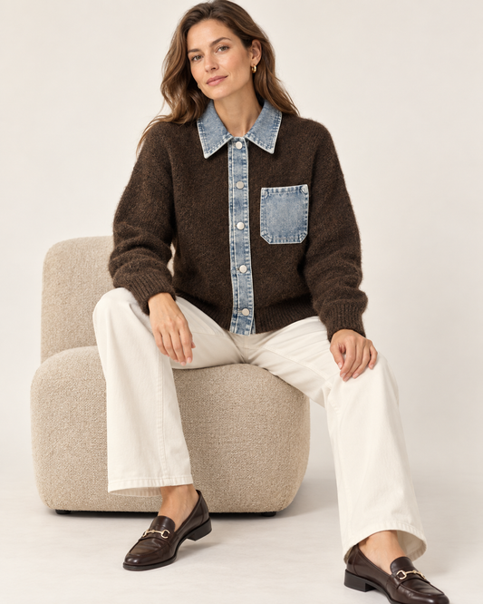 Women's Denim Trim Wool Cardigan – Collared Button-Front Knit Sweater
