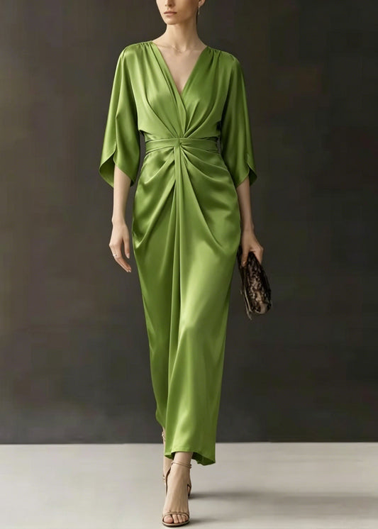 Beautiful Green V Neck Wrinkled Silk Dress Batwing Sleeve
