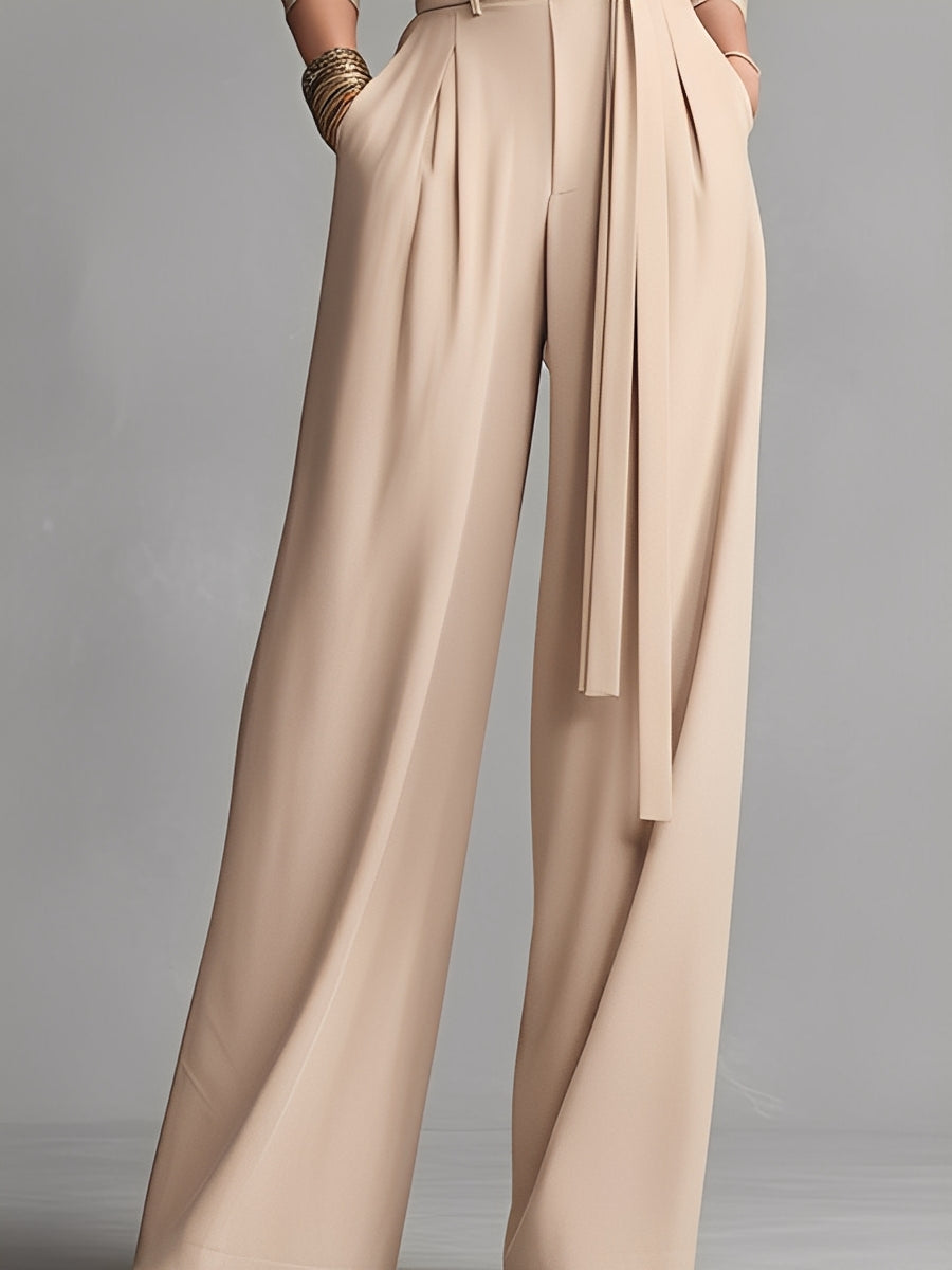 Women's Neutral-colored Cotton Blend Knit Jumpsuit With Gathered Waist