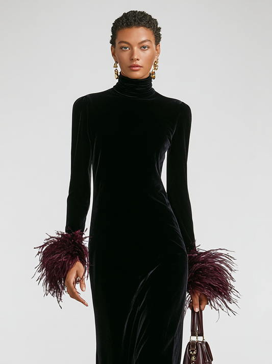 Women's Minimalist Velvet Patchwork Faux Ostrich Feather Cuffs And Hem Maxi Dress