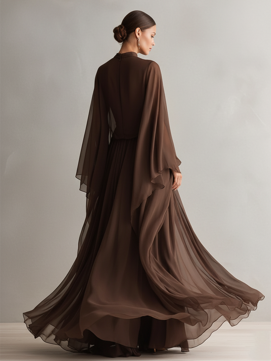 Women's Rich Brown Chiffon Dress With Flowy Maxi Silhouette & Cape-like Design, Modern Elegant-Glam Style Dress