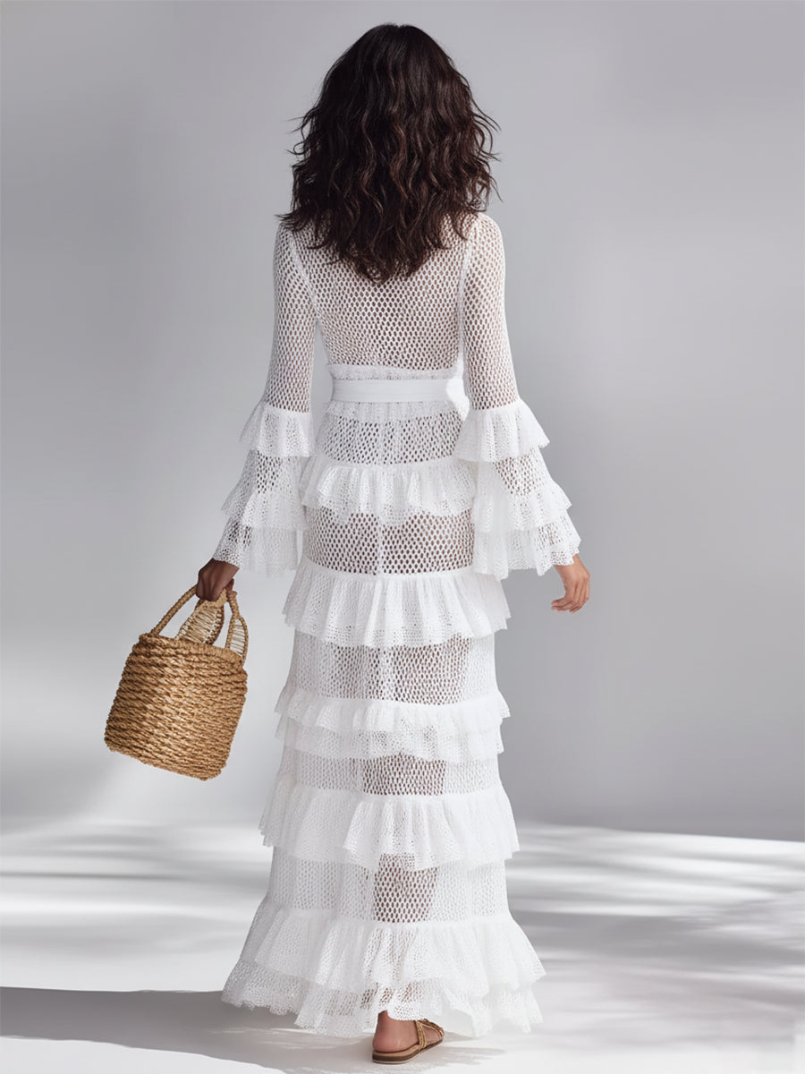 Women's Crisp White Crochet Knit Cardigan With Deep V-Neck & Layered Ruffles, Timeless Bohemian-Glam Style Cardigan