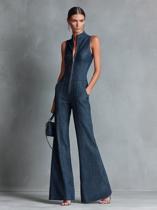 Women's Retro Style Dark Blue Denim Sleeveless High-Neck Flared Jumpsuit With Front Zipper
