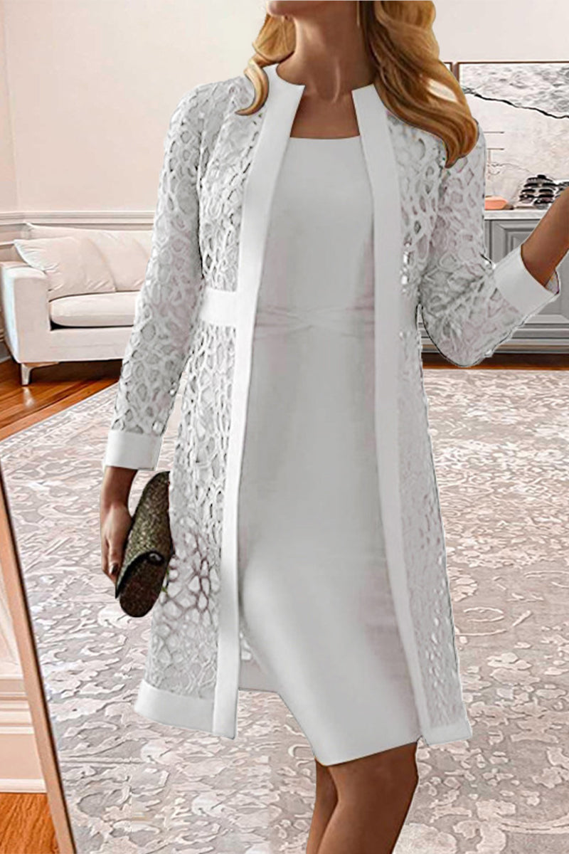 Champagne Elegant Solid Lace Hollowed Out Long Sleeve Two Pieces Dress(8 Colors)