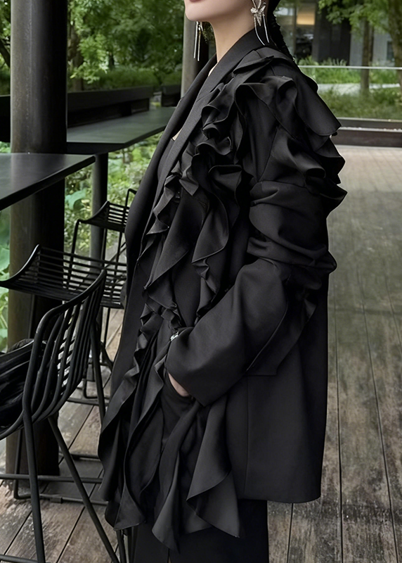 French Black Notched Asymmetrical Floral Coats Long Sleeve