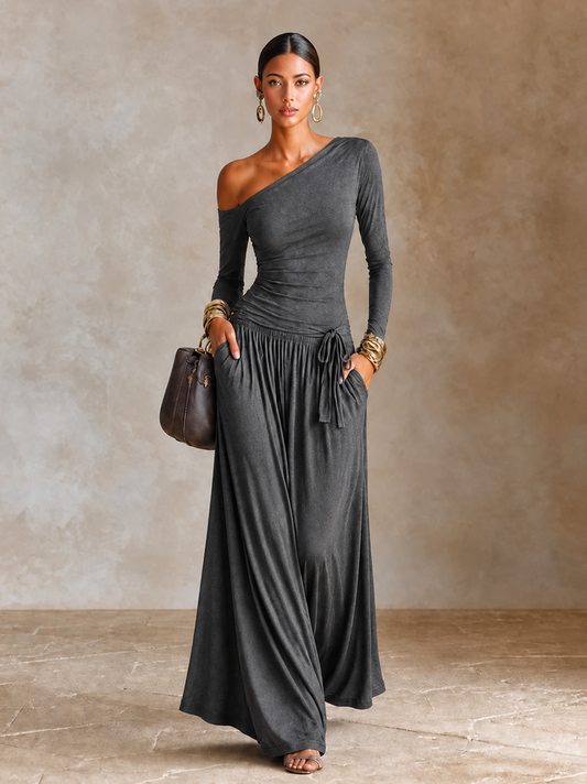 Women's Asymmetric Off‑Shoulder Long Sleeve Vacation Maxi Dress