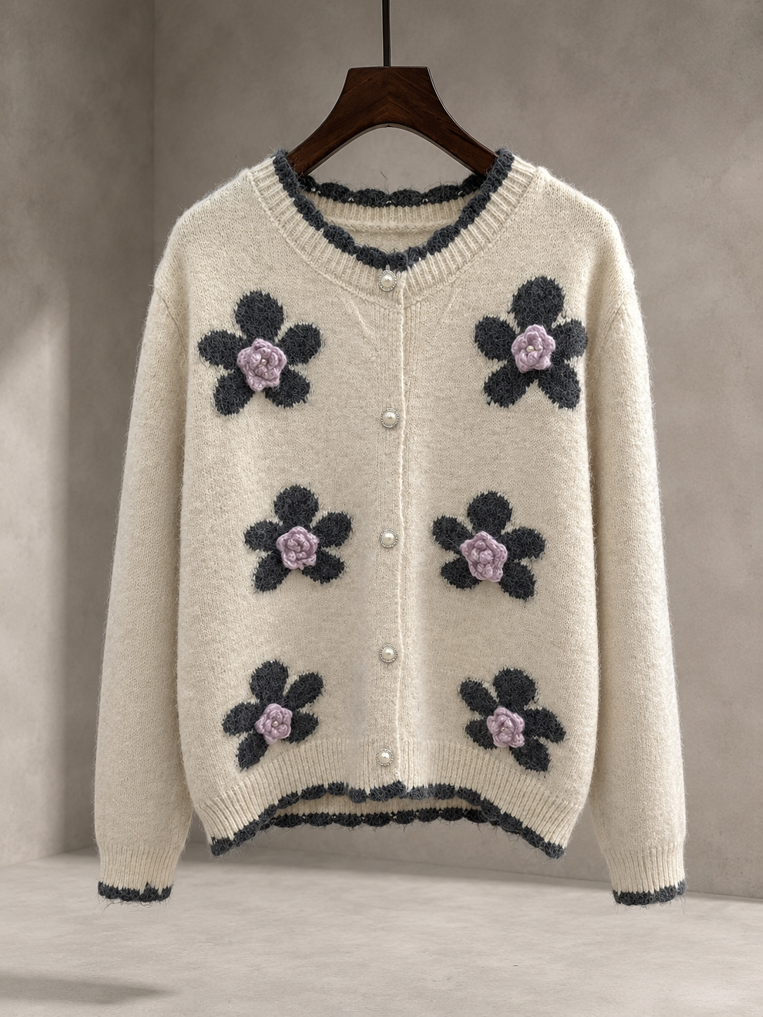 Women’s 3D Floral Wool Cardigan – Pearl Button Soft Knit Sweater for Early Fall