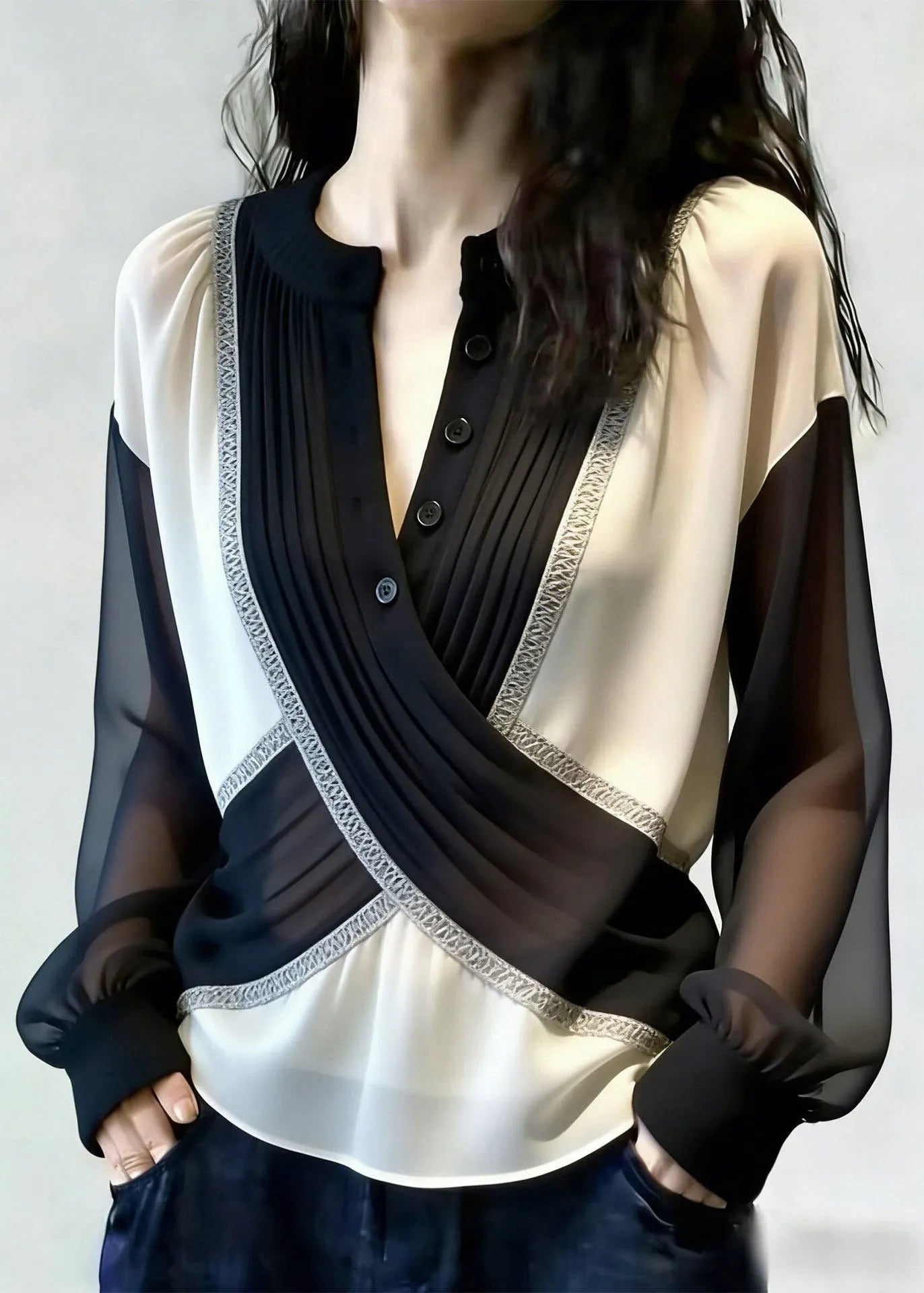 French Black O-Neck Tulle Patchwork Shirt Lantern Sleeve