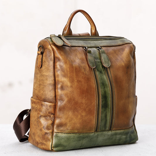 Casual Travel Color Matching Leather Backpack