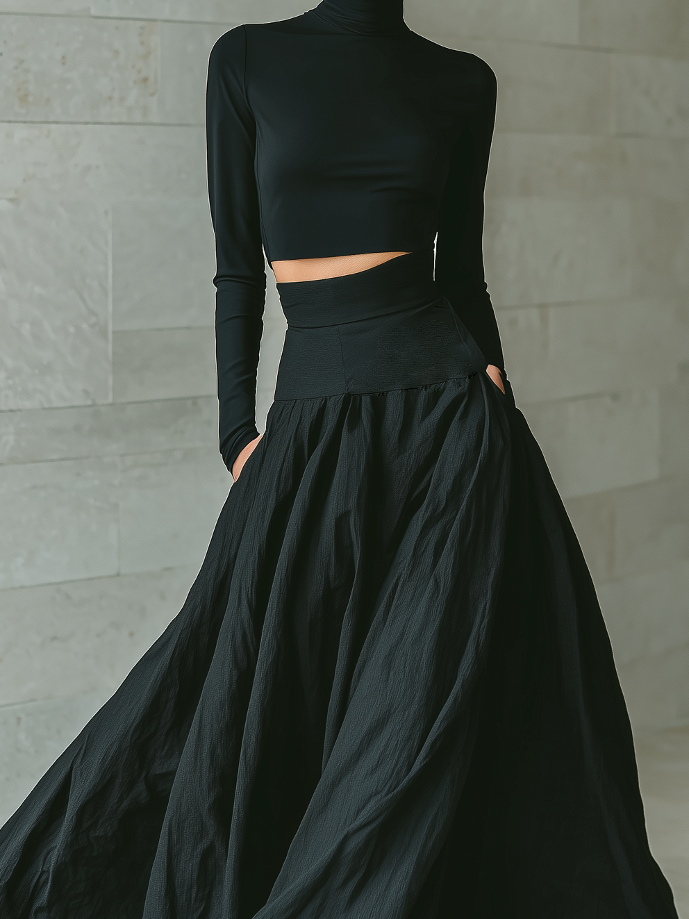 Women's Fashionable And Elegant Black Fitted Turtleneck Long-sleeved Cropped Top Paired With A Black Long Skirt
