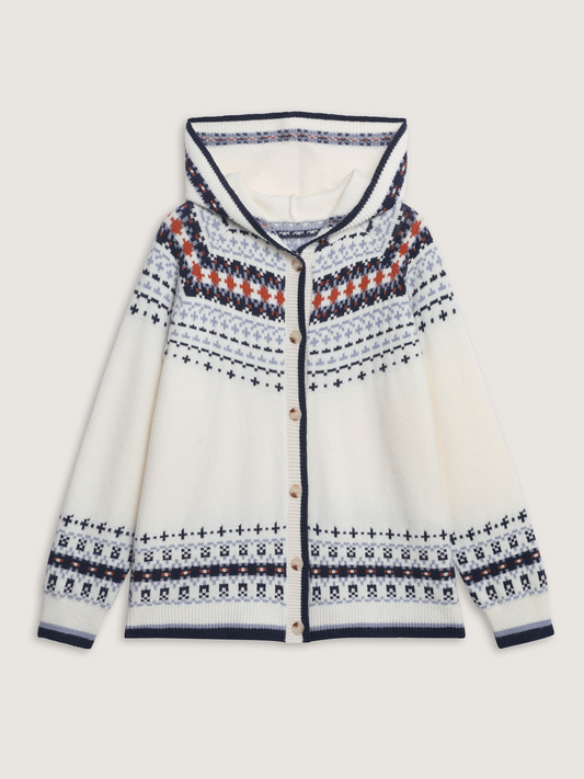 Women's Hooded Wool Cardigan – White Fair Isle Button-Up Knit Sweater