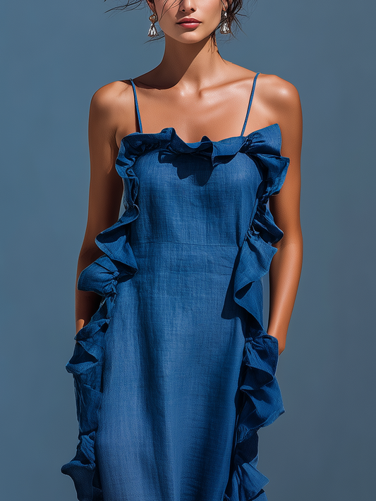 Women’s Blue Linen-Blend Spaghetti Strap Ruffle Trim Maxi Dress With Slit