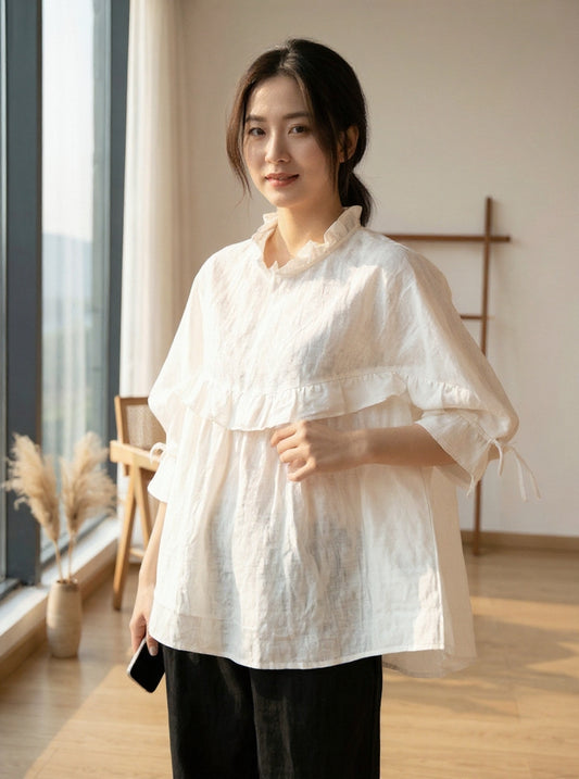 Plus Size White Ruffled Oversized Cotton Blouses Half Sleeve