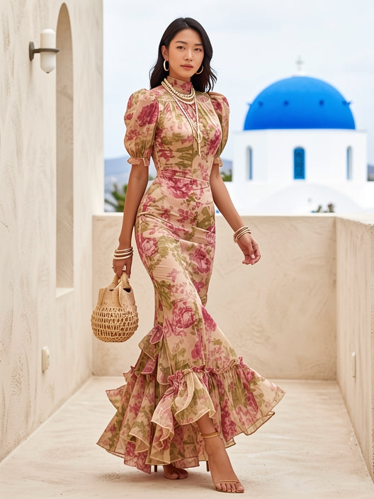 Women High Neck Puff Sleeve Ruffle Hem Floral Print Maxi Dress