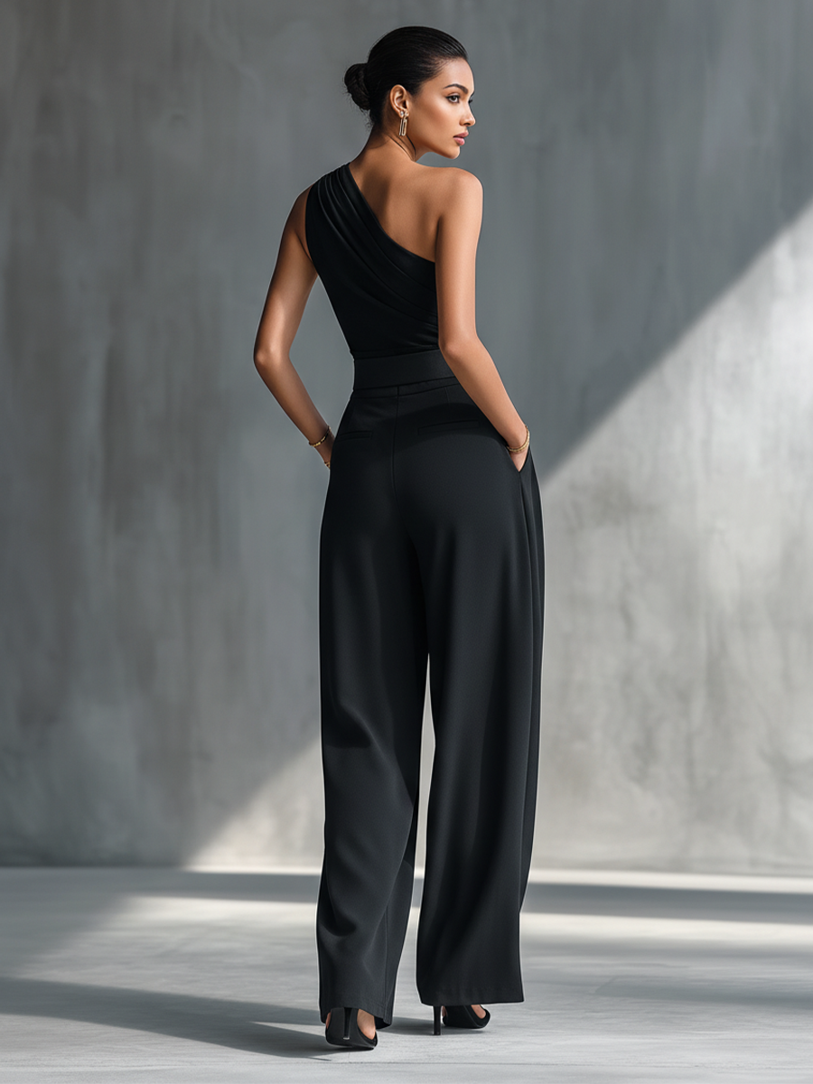 Women's Black High-elastic Knit Top And Acetate Wide-leg Pants