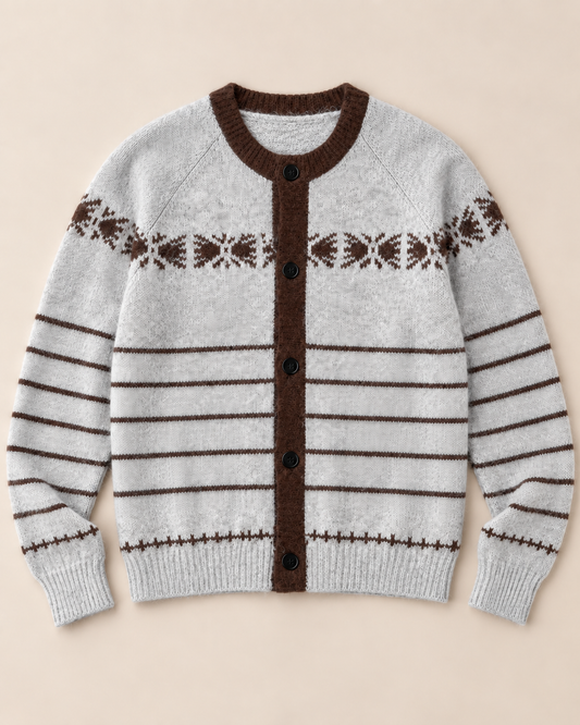 Women's Fair Isle Wool Cardigan – Striped Crewneck Button-Up Sweater