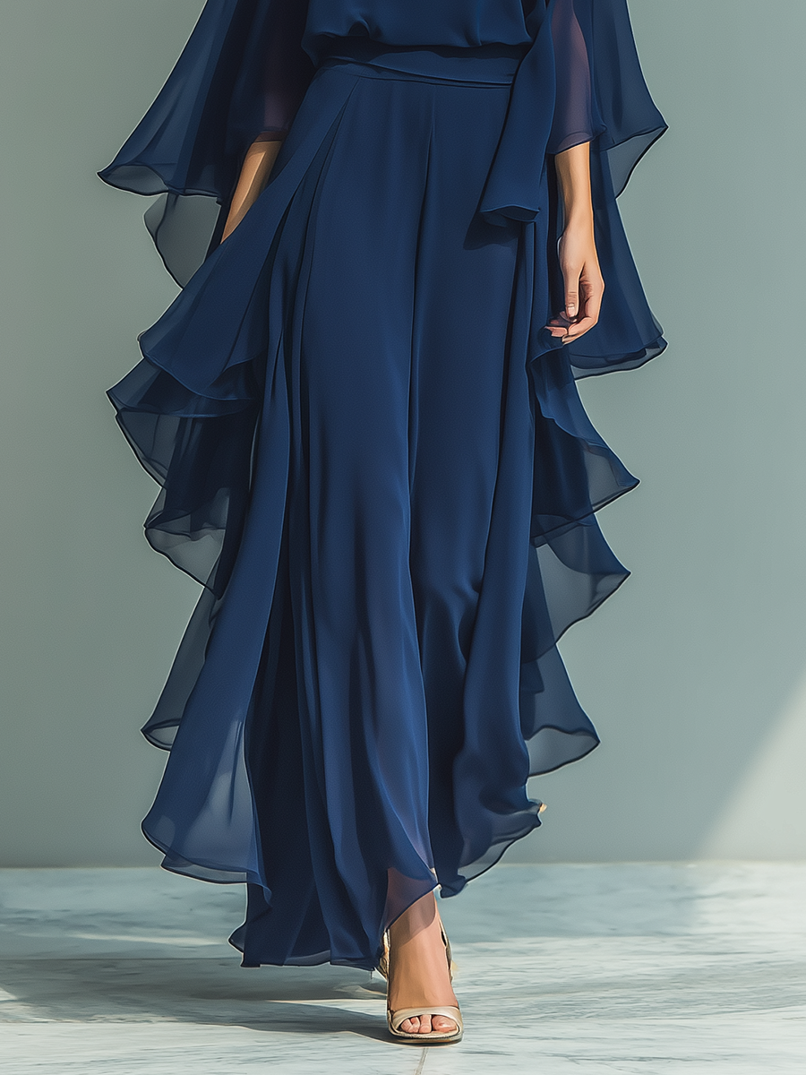 Women's Navy Blue Chiffon Top With Flared Sleeves And Straight-leg Trousers Set With Ruffled Details