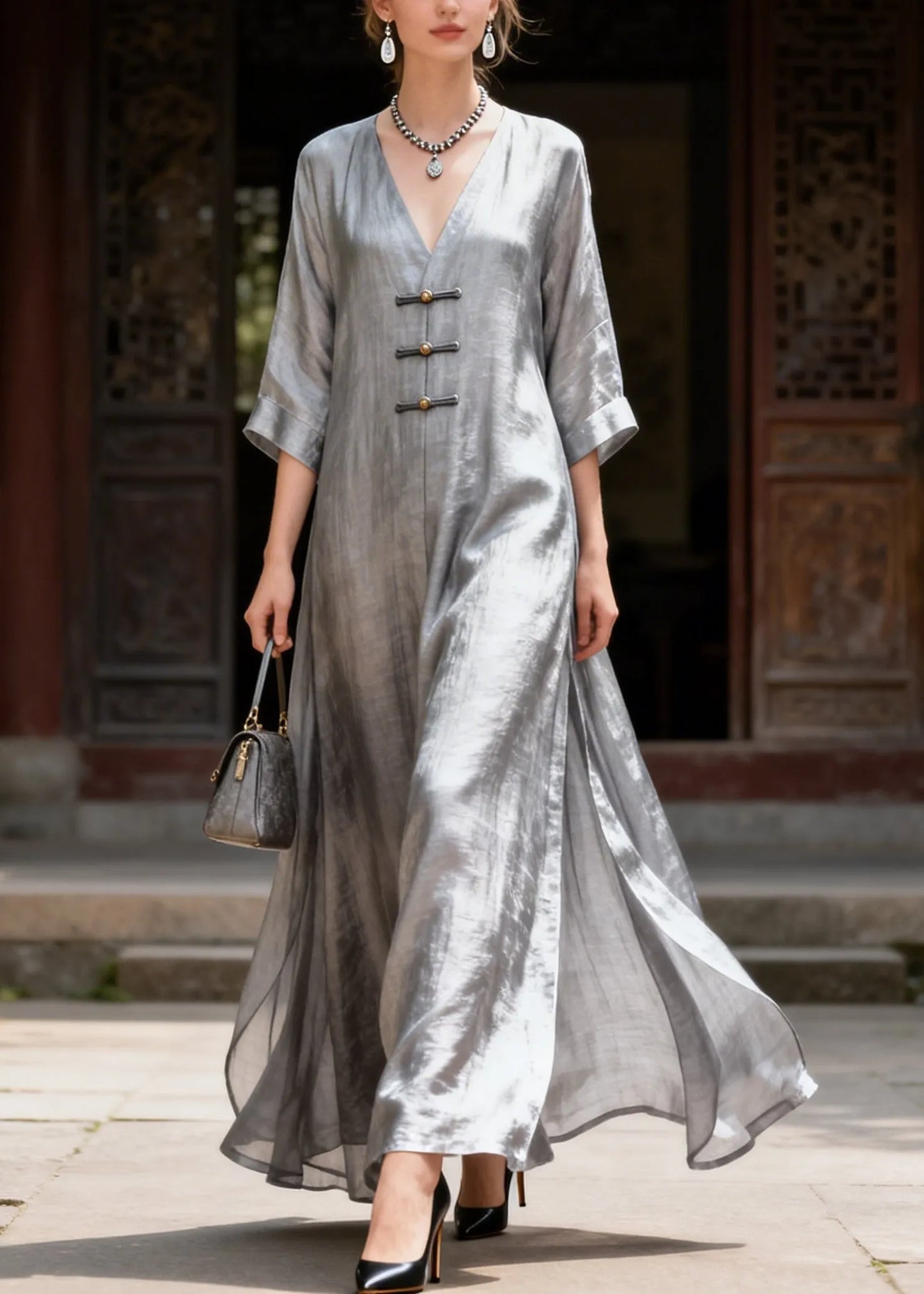 Classy Grey V Neck Chinese Button Side Open Silk Long Dress Summer