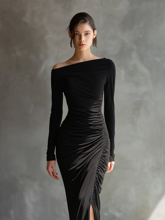 Women's Black Elegant Jersey Off - Shoulder Ruched Slit Maxi Dress