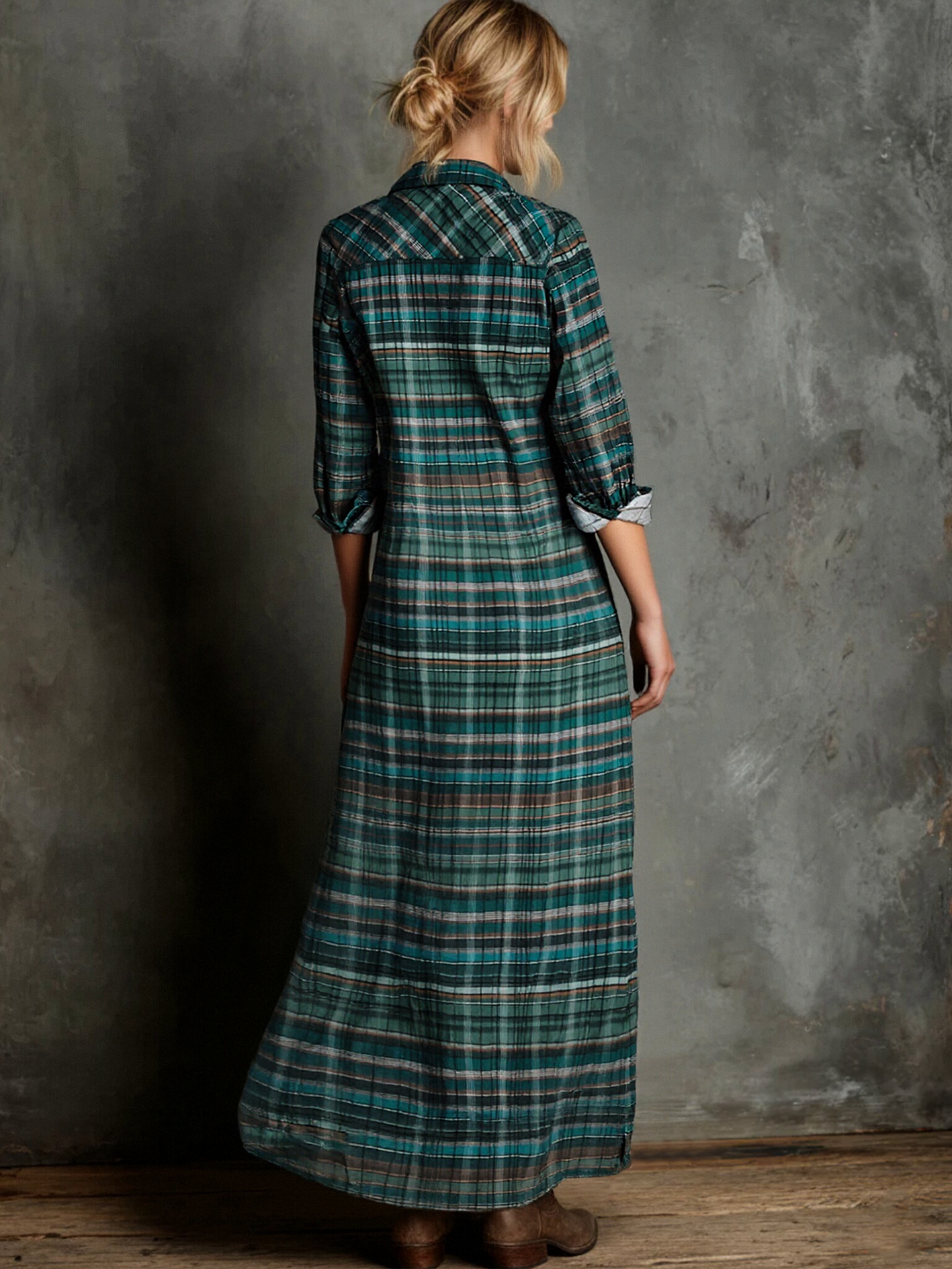 Women's Plaid Print Long-sleeved Shirt Maxi Dress