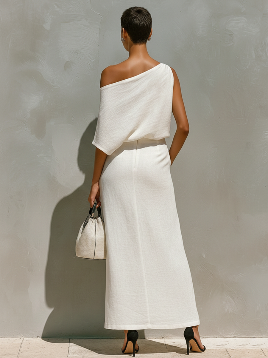 Women's White Linen Set With One-Shoulder Knot Detail & Front Slit, Timeless Minimalist-Resort Style Set