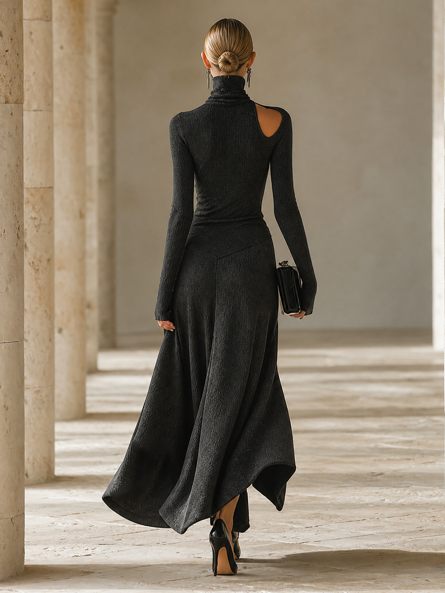 Women's Elegant Ribbed Cut‑Out Long Sleeve Maxi Dress