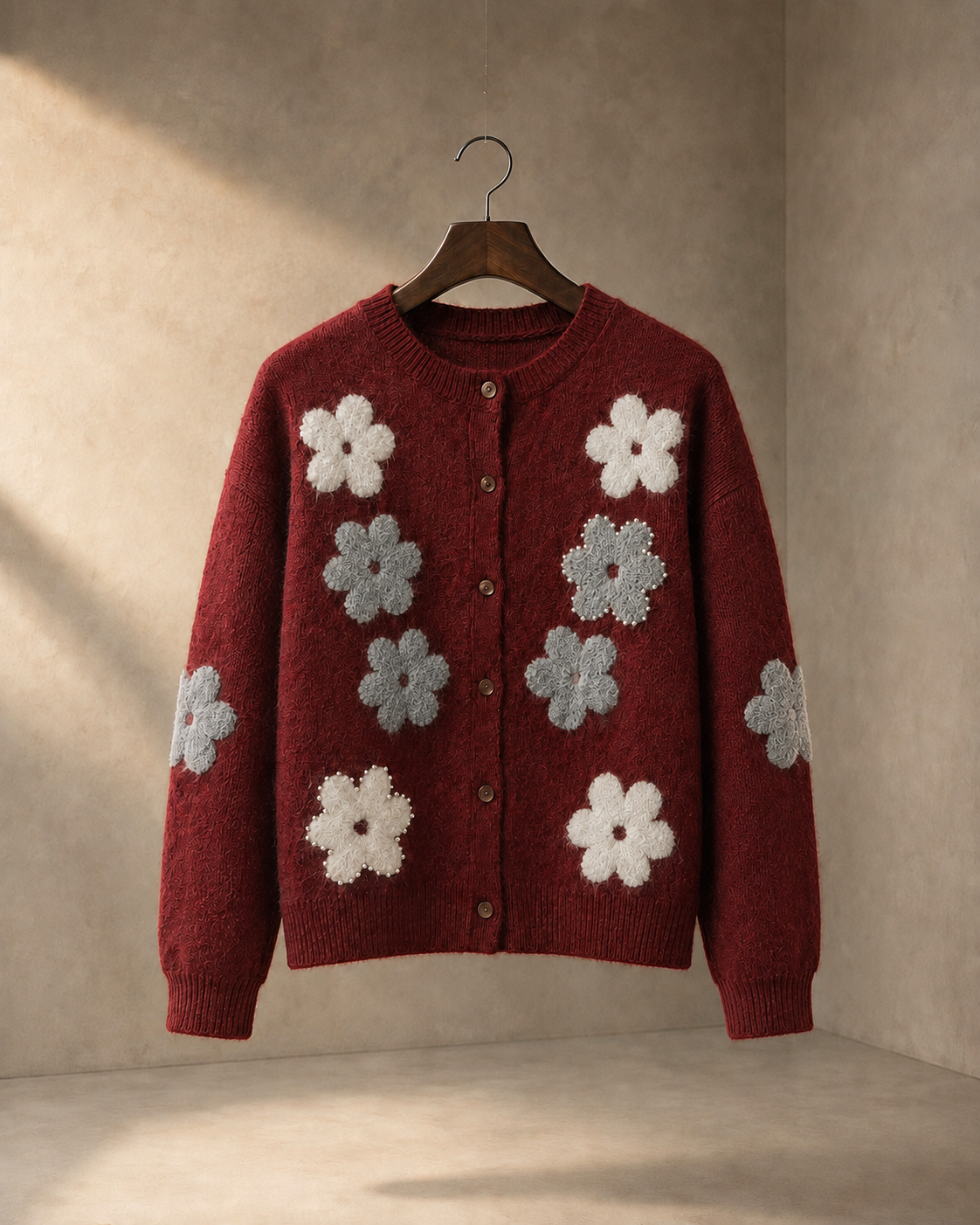 Women’s 3D Floral Wool Cardigan – Pearl-Embellished Button-Front Sweater for Early Fall