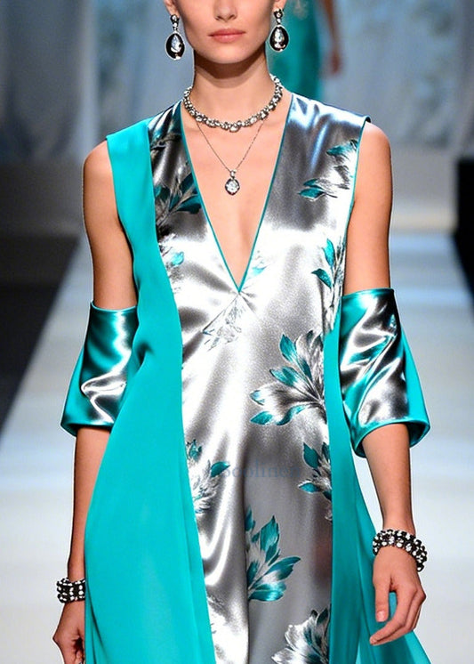 Casual Grey Asymmetrical Patchwork Silk Maxi Dresses Summer
