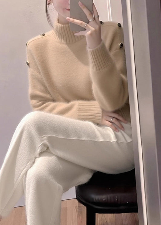 Elegant Khaki Turtleneck Cozy Knit Sweaters Winter
