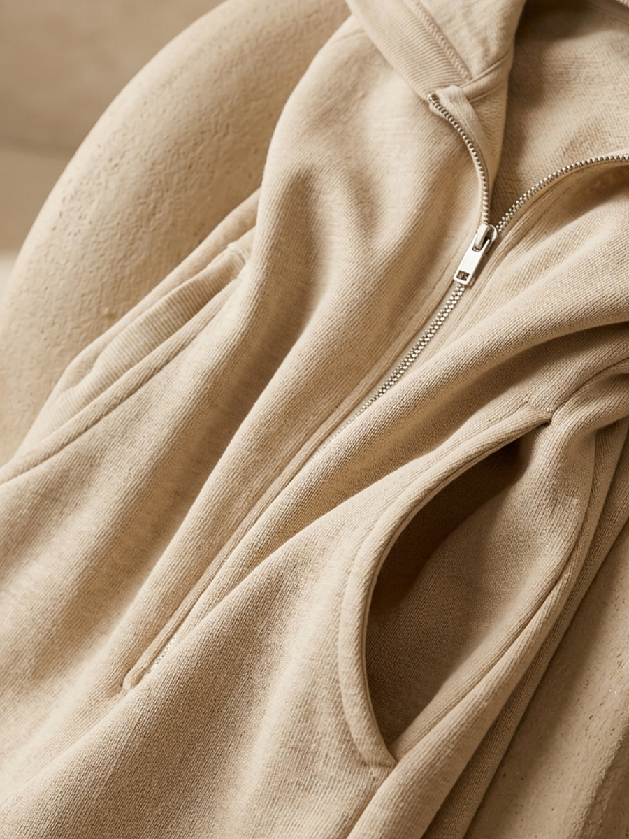 Women's Slimming Loose Lounge Minimalist Full Zip Hoodie Long Dress Cream