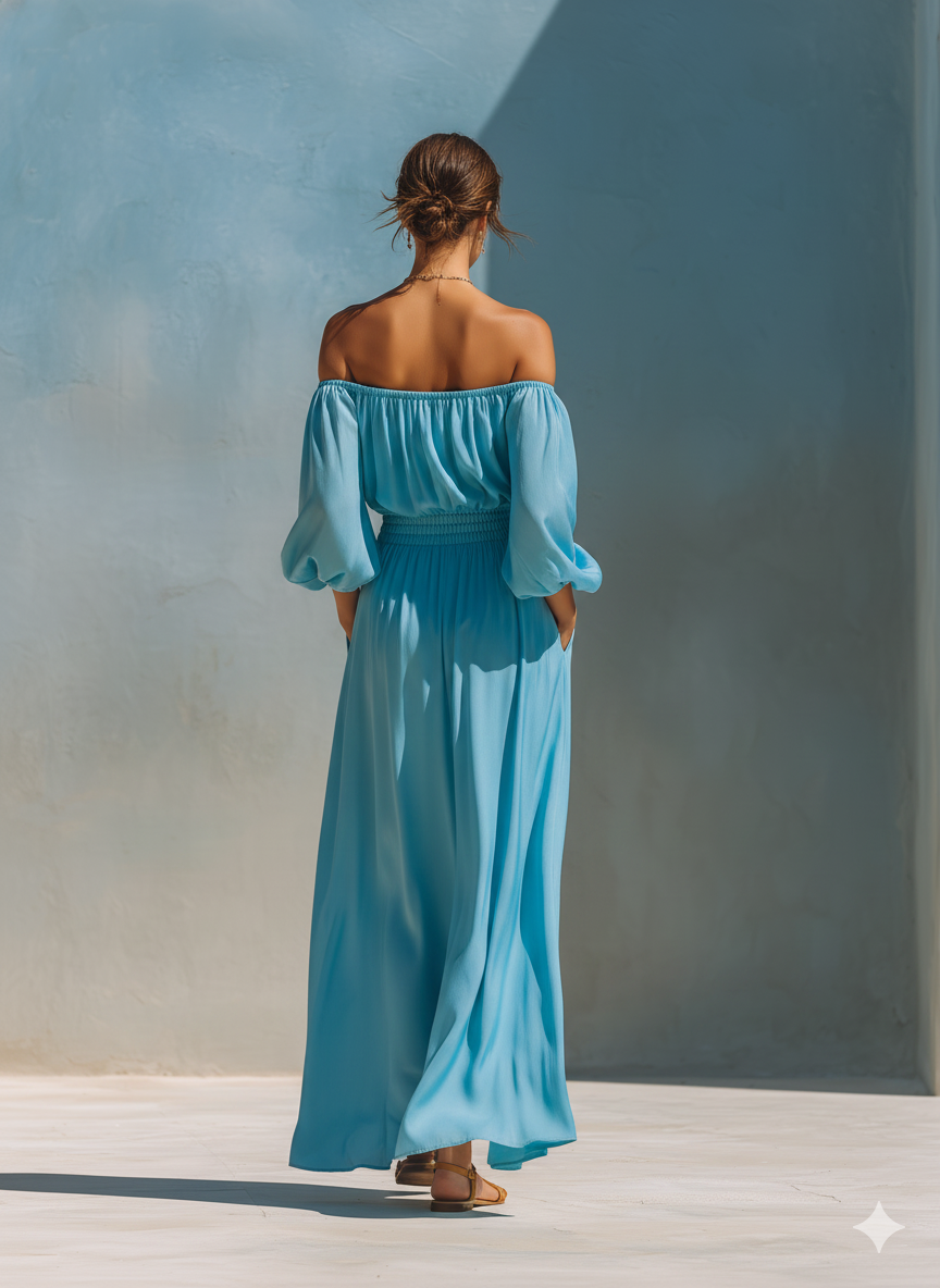 Women’s Sky Blue Off-the-Shoulder Puff Sleeve Smocked Waist High Slit Maxi Dress With Pockets