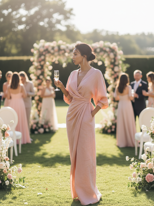 Women's Pink Minimalist V-neck Linen Blend Maxi Dress