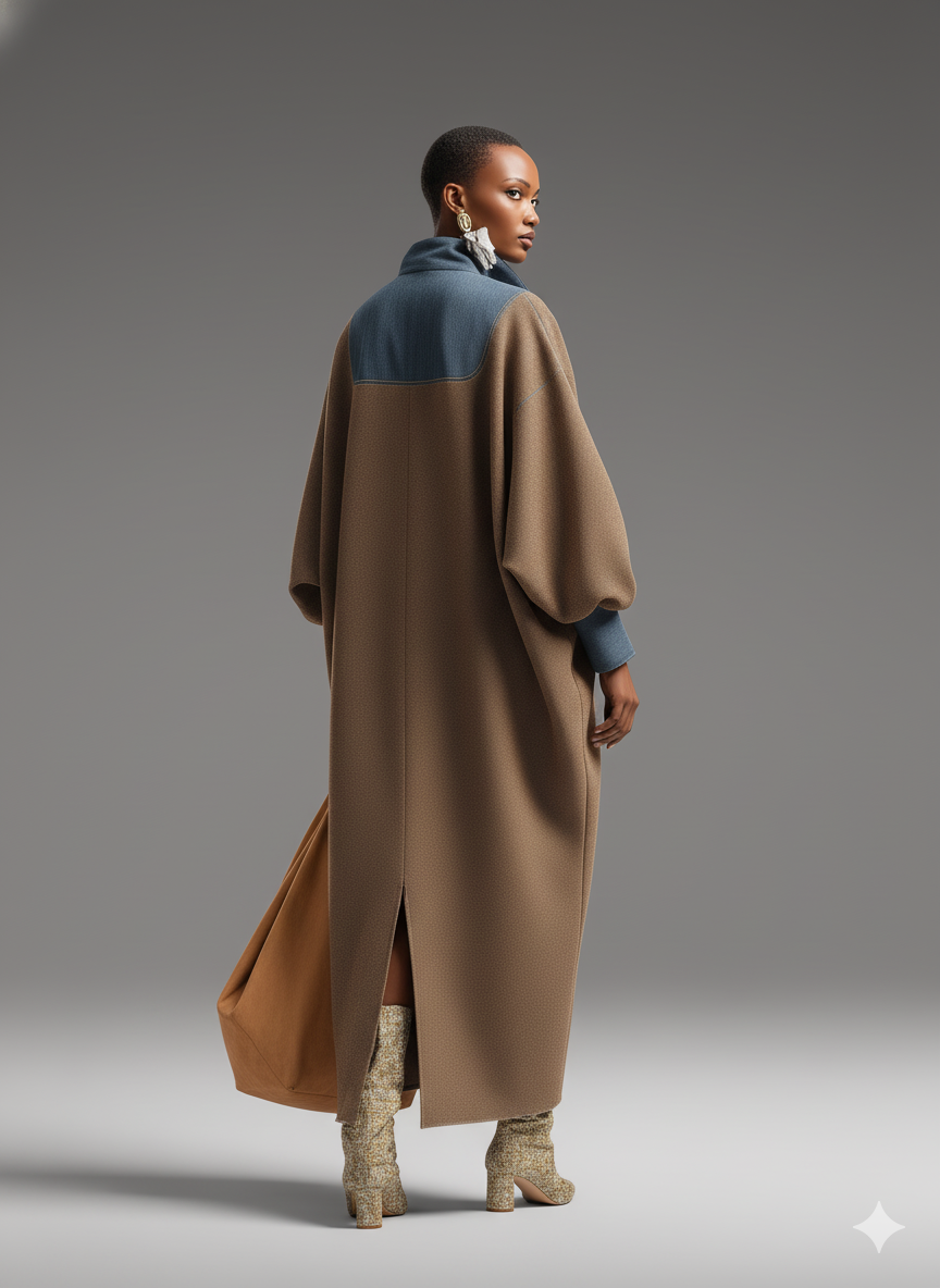 Women's Brown Double-Sided Brushing and Blue Denim Stand Collar Loose-Fitting Long Dress