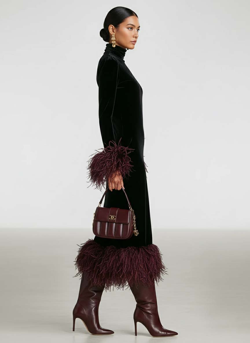 Women's Minimalist Velvet Patchwork Faux Ostrich Feather Cuffs And Hem Maxi Dress