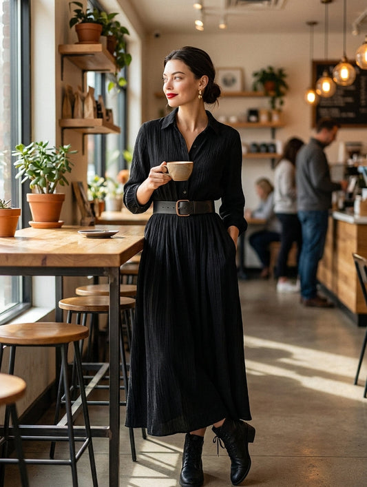 Women's Black Blend Textured Pleated Vintage Maxi Dress