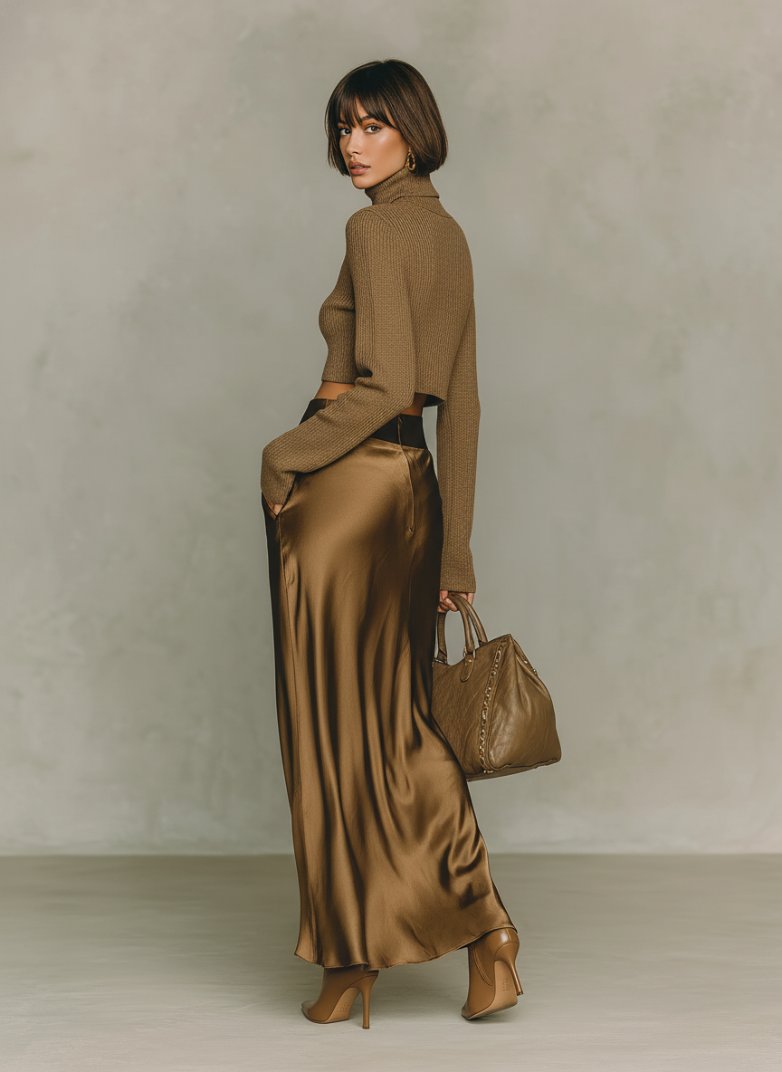 Women's Fashionable Gold-brown Turtleneck Long-sleeved Knit Top Paired With A Satin Midi Skirt