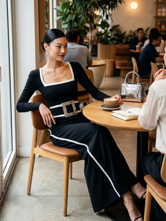 Women's Black And White Trim Square Neck Long Sleeve Tight Maxi Dress