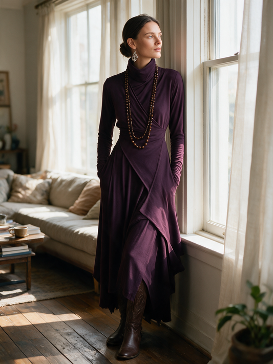 Women's Purple Bohemian Cotton Stretch Turtleneck Asymmetrical Draped Maxi Dress