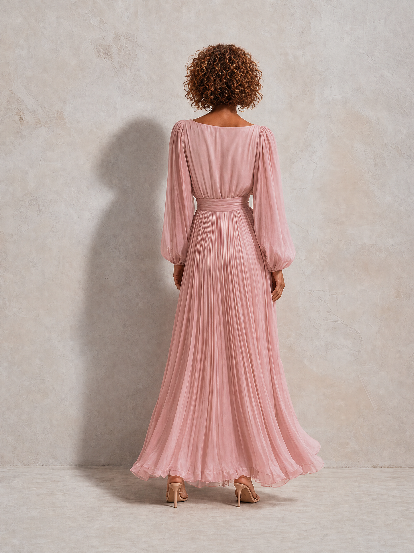 Women's Elegant Round-Neck Blouson-Sleeve Pleated Belted Long-Sleeve Midi Dress