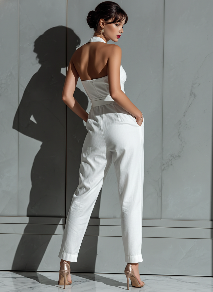 Women's Ivory Cotton And Linen Blend Wide-Leg Jumpsuit With Cinched Waist