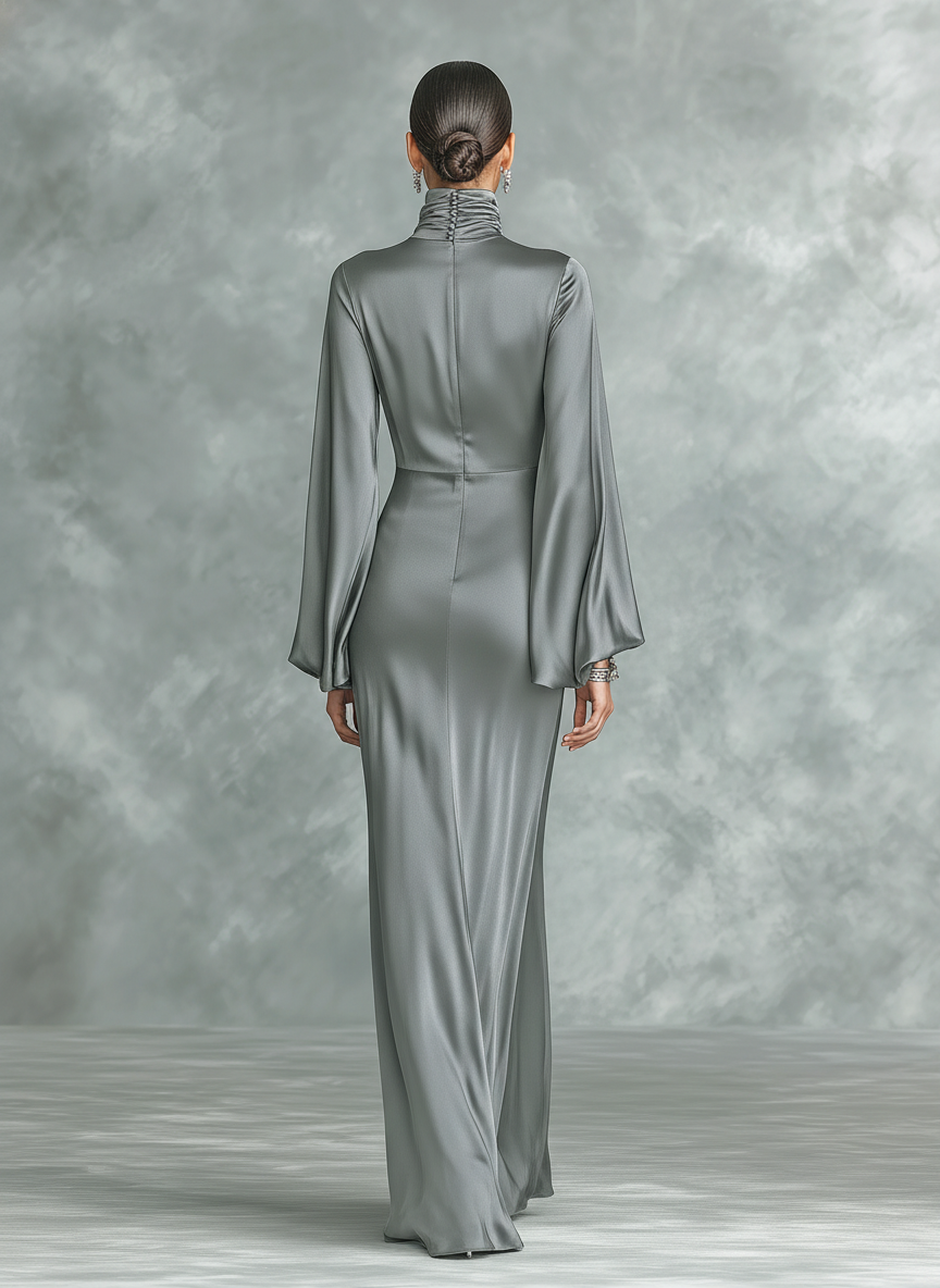 Women's Fashionable Grey Satin High-neck Long-sleeved Loose-fitting Maxi Dress