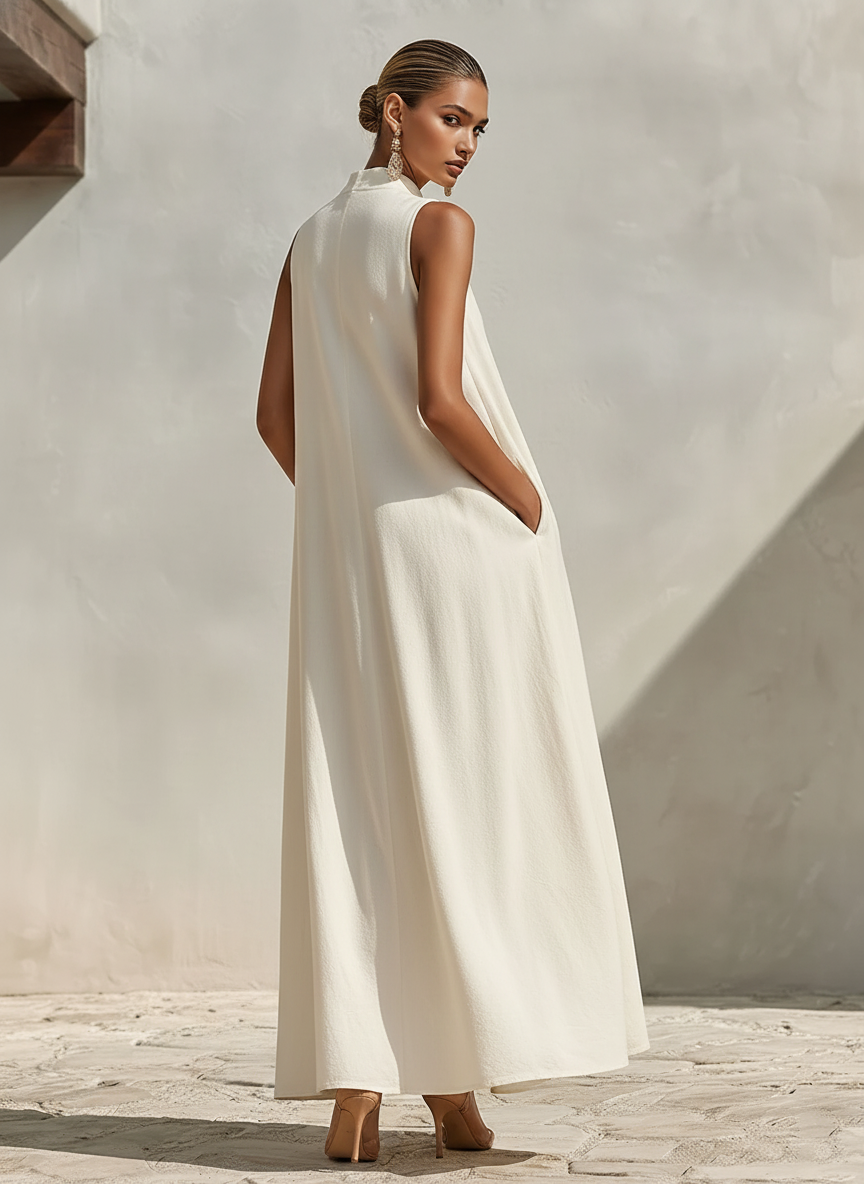 Women's Cream Linen-Blend Sleeveless Maxi Dress With Stand Collar & V-Neck, Timeless Minimalist Summer Dress