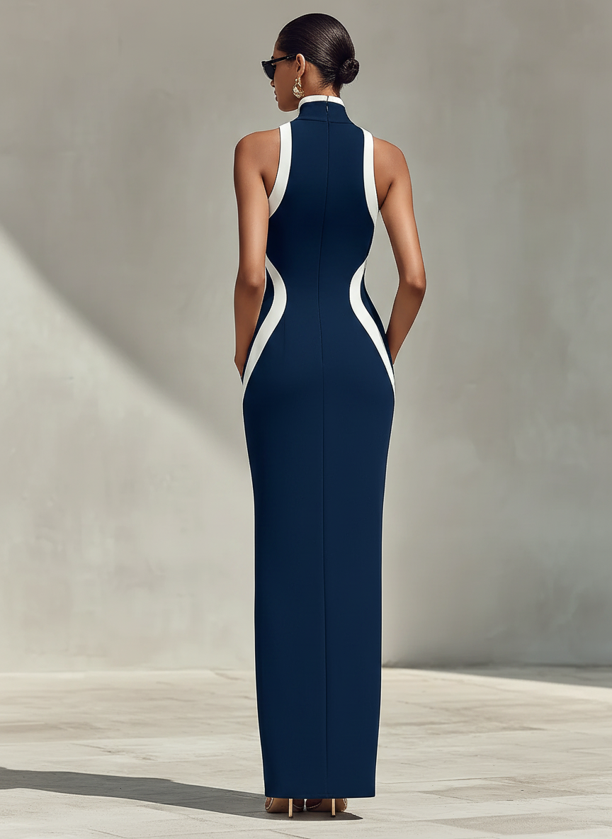 Women's Navy & White Form-Fitting Gown With Front Zipper Detail & Side Slit, Effortless Elegant Formal Dress