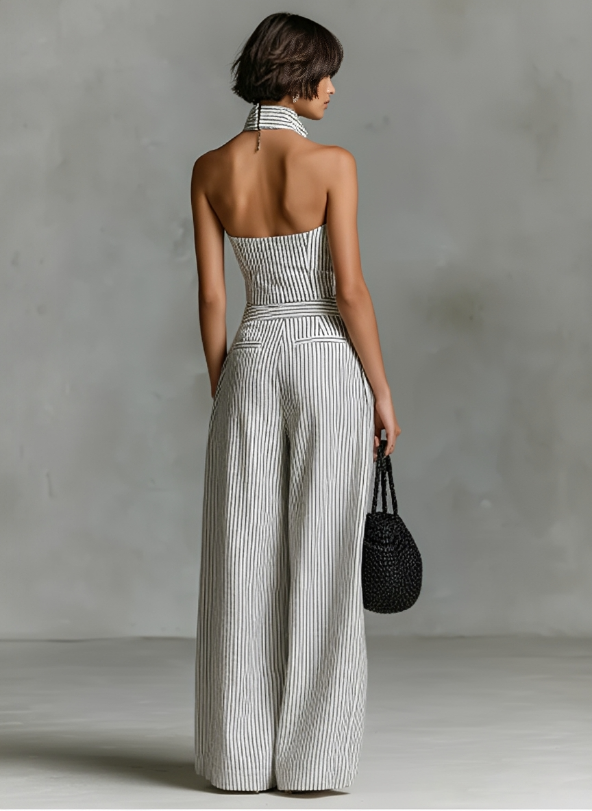 Women's Minimalist Striped Linen Sleeveless Single-Breasted Jumpsuit