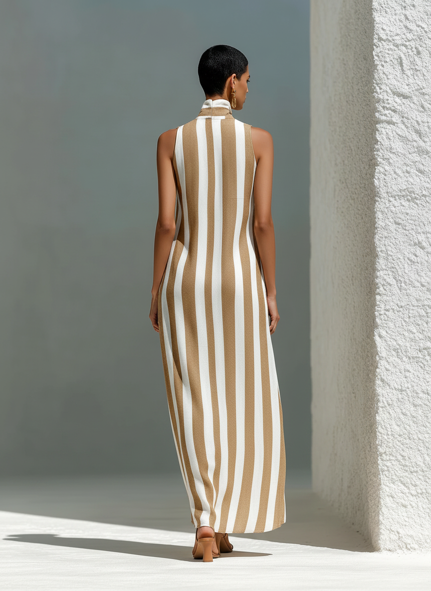 Women’s Camel & White Striped Sleeveless Stand Collar V-Neck Maxi Dress With Pockets