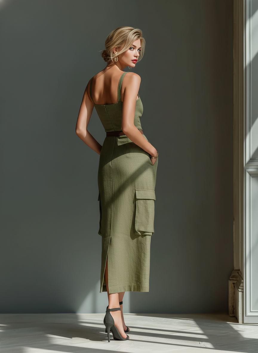 Women's Olive Green Linen Fabric Sleeveless Midi Dress With Cargo Pockets & Belted Waist