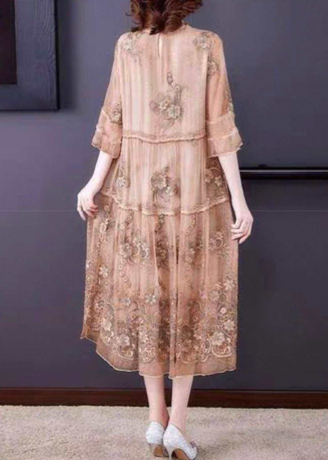 Vintage Embroidered Ruffled Patchwork Silk Long Dress Half Sleeve