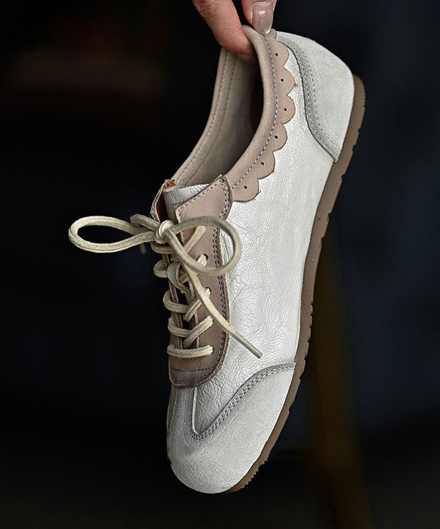 Beige Cowhide Leather Splicing Comfortable Flat Shoes Lace Up