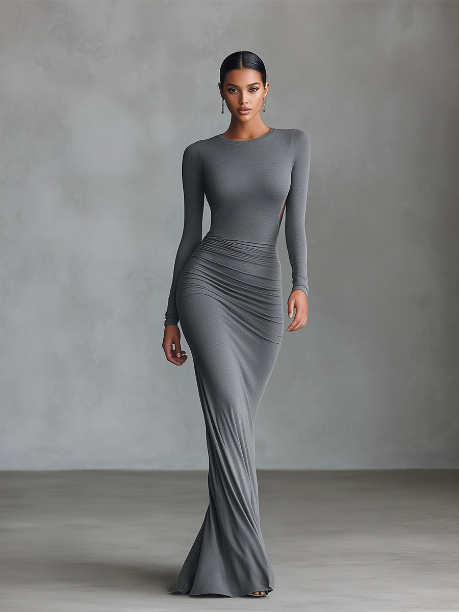 Women's Grey Elegant Stretch - Polyester-Cotton Blend Ruched Open - Back Maxi Dress