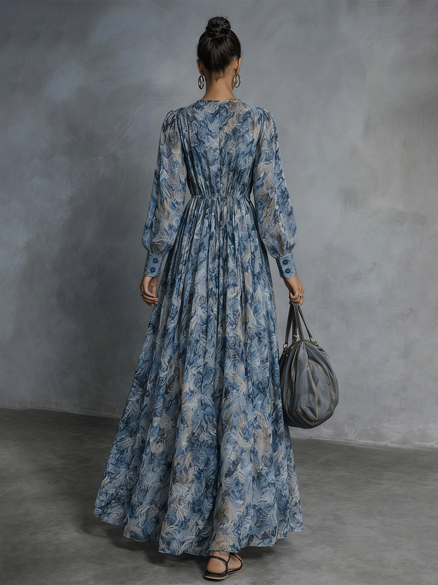 Women's Bohemian Style Blue Floral Print V-Neck Lantern Sleeve Chiffon Maxi Dress